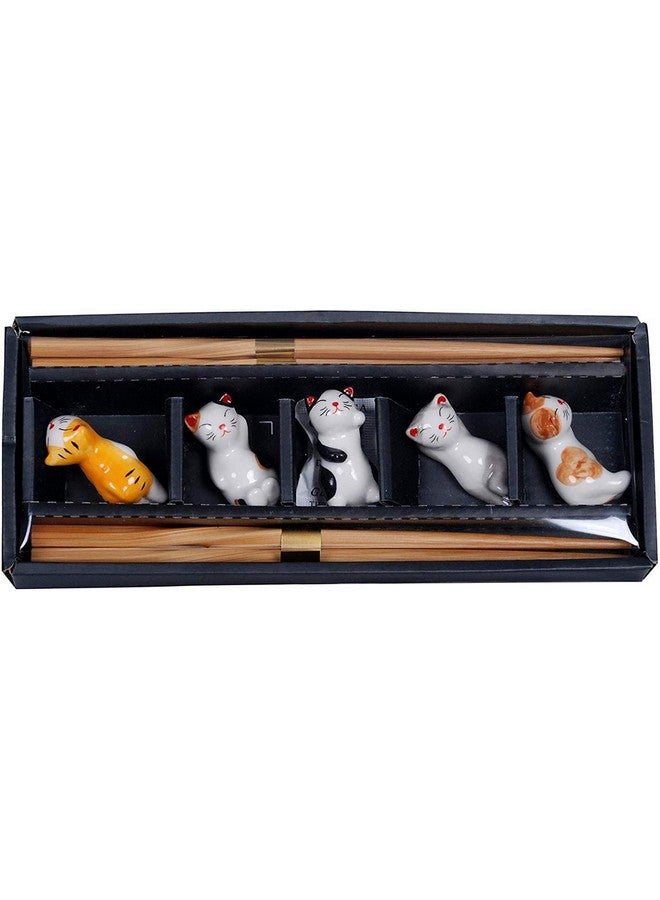 Happy Sales Happy Sales HSRST-CAT, Japanese Chopsticks Set with Cute Kitten Maneki Neko Lucky Fortune Cats Chopsticks Rest 5 Pair Assorted Colors Chopsticks Set Dining Table Starter Kit Beautiful Gift, Cat  - Image 1