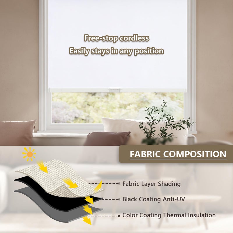SUNOFF Cordless Blackout Roller Shades Blinds for Windows Free-Stop,Pull Down Room Darkening with Valance,Thermal Insulated Woven Fabric Window Door Blinds for Home,Office,White 20" W x 72" L - Image 4
