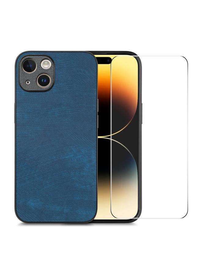 erorex For Iphone 15 Plus Retro Leather Skin Pc Phone Case With High Aluminum-Silicon Glass Film(Blue) - Image 1