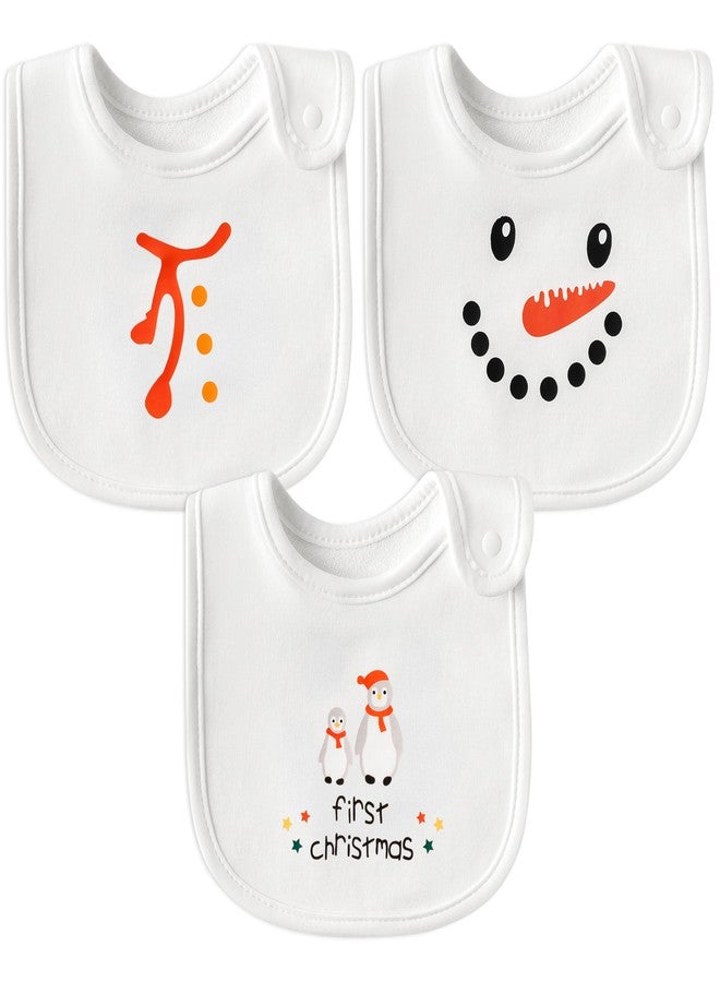 2ooya Christmas Cotton Baby Bibs - 3Pcs Snowman Penguin Toddler Feeding Bibs with Resin Buttons Infant First Christmas Baby Food Bib Xmas Drooling Eating Teething Keepsake Gift for Newborn 6-12 Months - Image 1