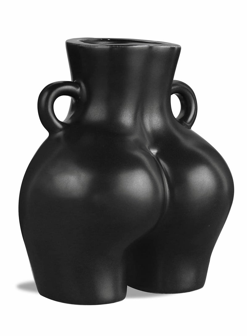 Female Form Ceramic Vase for Home Decor, 5.5 Inch Matte Black Flower Holder - Image 1