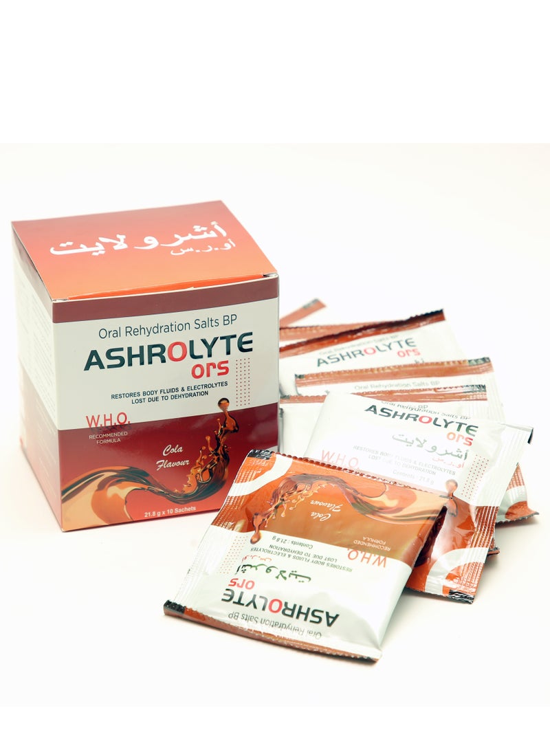 ASHROLYTE Oral Rehydration Salts (ORS) - Cola Flavor, 10 Sachets - Image 1
