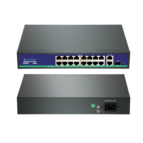 Hanutech Ai Featured Unmanaged Poe Switch 16 Port -16*(10/100Mbps) PoE + 2*(10/100/1000Mbps) RJ45 Uplinks +1 *1.25G SFP Port@250W Powered for CCTV Networking NVR- 1 Year Warranty - Image 1