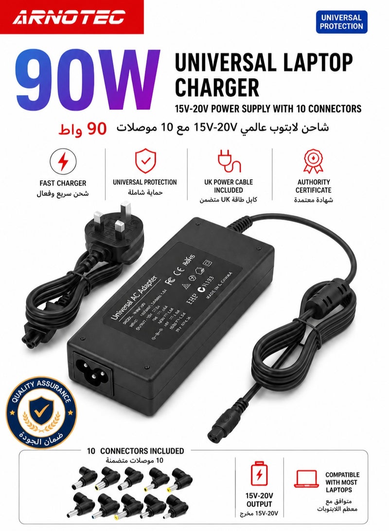 ARNOTEC 90W Universal Laptop Charger, 15V-20V Power Adapter, 10 Interchangeable Connectors, Compatible with Acer/ASUS/HP/Lenovo/ThinkPad/Samsung/Sony/Toshiba 65W/45W Laptop Adapters - Image 1