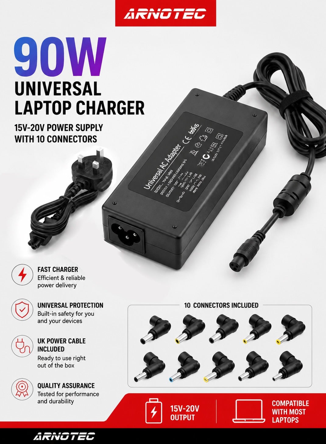 90W Universal Laptop Charger, 15V-20V Power Adapter, 10 Interchangeable Connectors, Compatible with Acer/ASUS/HP/Lenovo/ThinkPad/Samsung/Sony/Toshiba 65W/45W Laptop Adapters