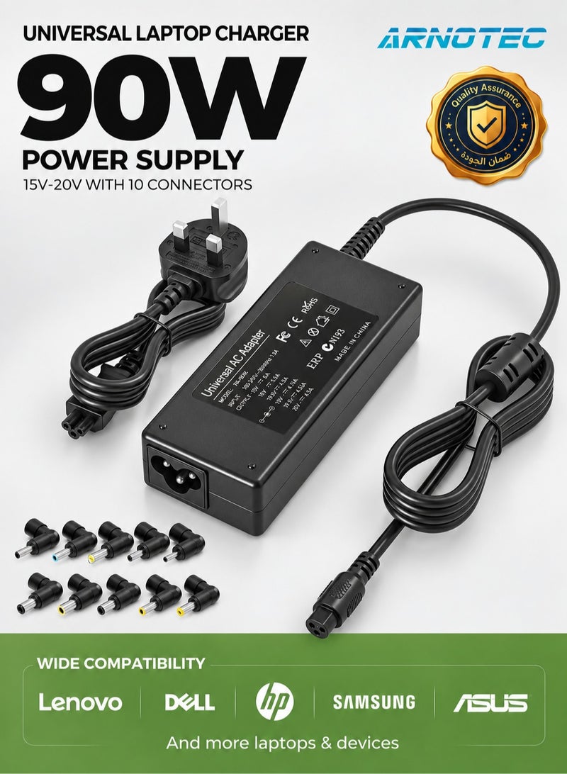 ARNOTEC 90W Universal Laptop Charger, 15V-20V Power Adapter, 10 Interchangeable Connectors, Compatible with Acer/ASUS/HP/Lenovo/ThinkPad/Samsung/Sony/Toshiba 65W/45W Laptop Adapters - Image 1
