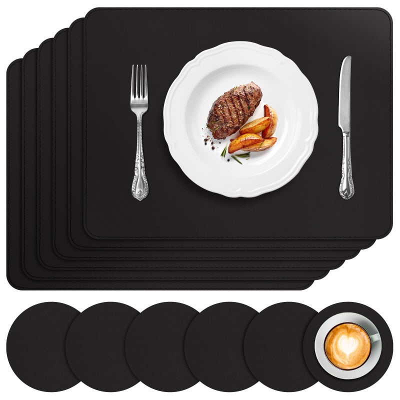 APLKER Placemats and Coasters Set of 6 Heat Insulation PU Leather Table Mats Waterproof Washable Dining Place Mats for Kitchen Indoor Outdoor Party16 x12 inch  Black