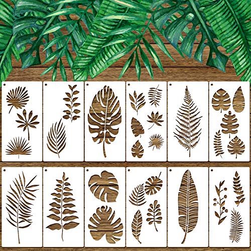 Zonon 12 Pieces Tropical Fern Leaf Painting Stencils Large Reusable Palm Turtle Leaf Wall Stencil Flexible Botanical Leaves Template Set Crafts For Furniture Canvas Wood Plank (4 X 8 Inches) - Image 1