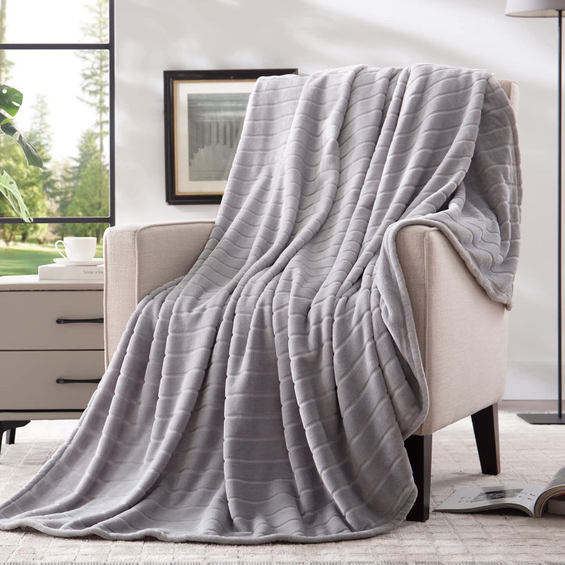 Bertte Plush Throw Blanket Super Soft Fuzzy Warm Blanket  330 GSM Lightweight Fluffy Cozy Luxury Decorative Stripe Blanket for Bed Couch  50x 60 Smoke Grey - Image 1