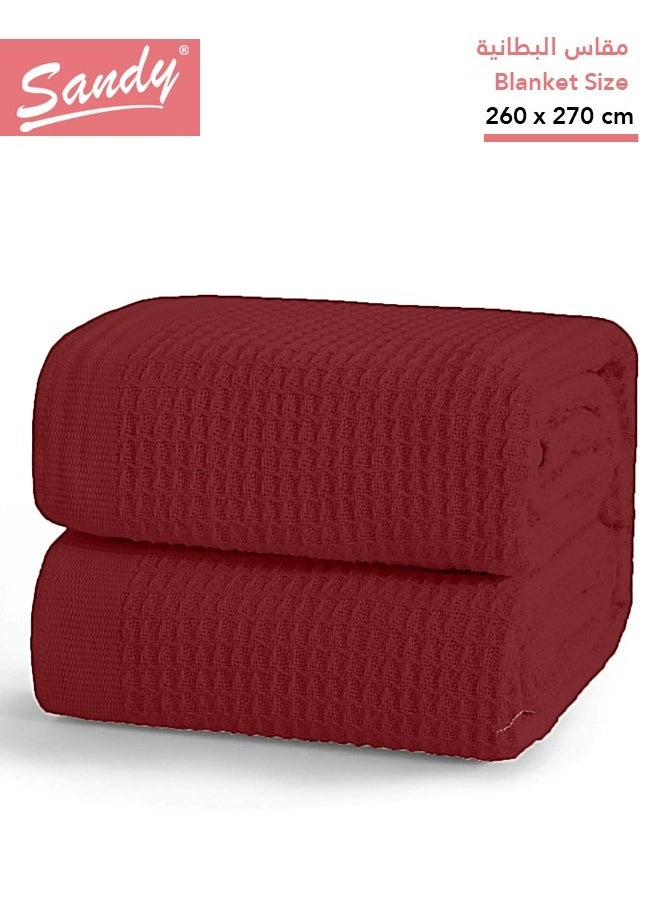 Sandy SANDY Premium 100% Cotton Blanket, soft, breathable thermal blanket and lightweight, Prefect for layering bed, sofa, home decoration and couch, Double size: (260×270 cm), Burgundy  - Image 1