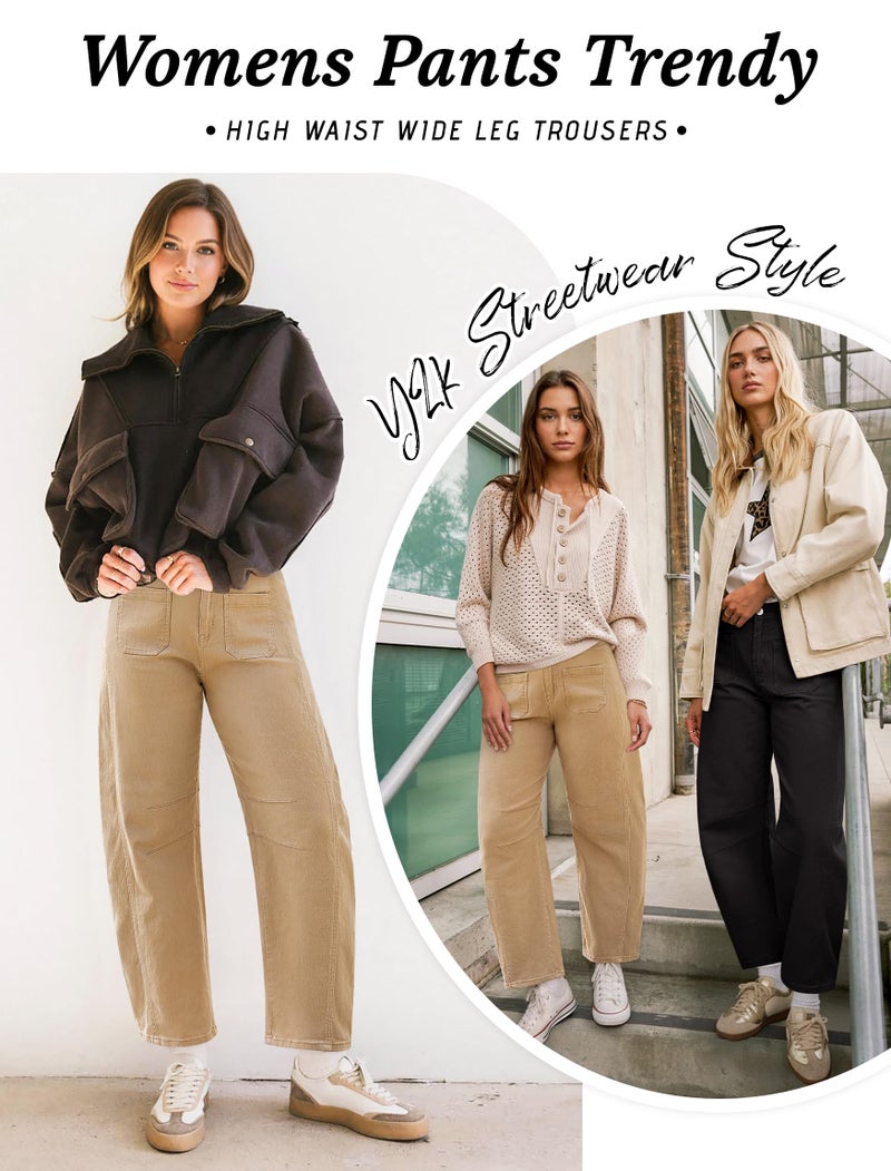 Eddoyee Wide Leg Barrel Pants Women - Stretchy High Waist Baggy Pants Y2k Boyfriend Ankle Trousers with Pockets Khaki - Image 5