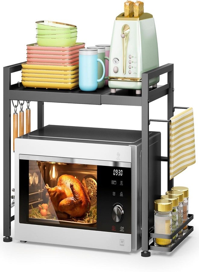 DOLALIKE Microwave Oven Rack, Expandable Microwave Stand Countertop Kitchen Utensils Tableware Storage, Carbon Steel Over Microwave Shelf Countertop with 6 Hooks - Image 1