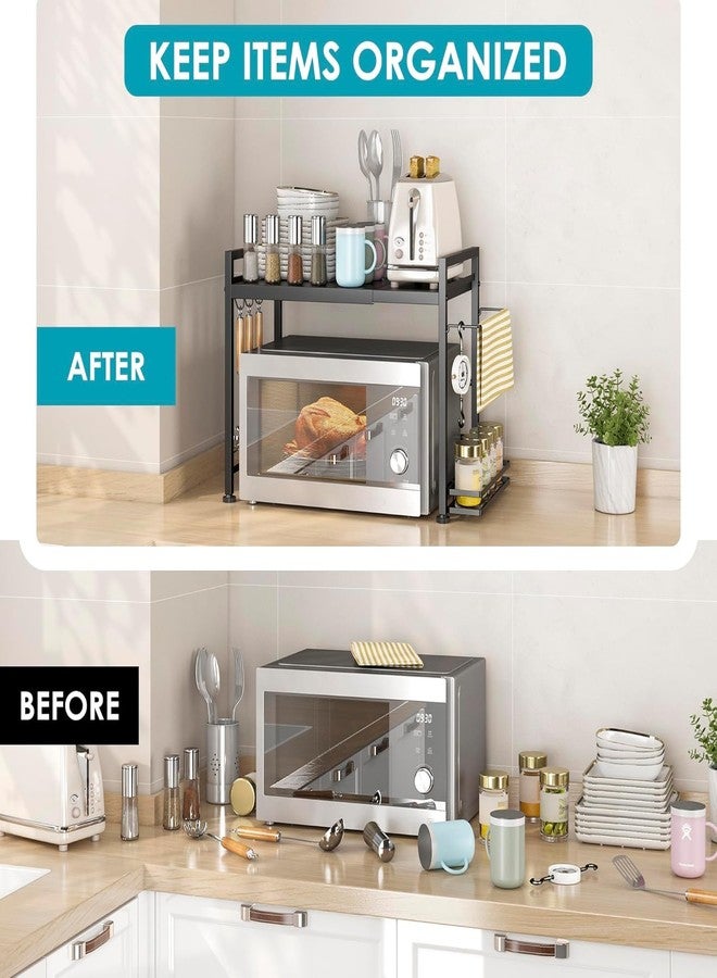 DOLALIKE Microwave Oven Rack, Expandable Microwave Stand Countertop Kitchen Utensils Tableware Storage, Carbon Steel Over Microwave Shelf Countertop with 6 Hooks - Image 2
