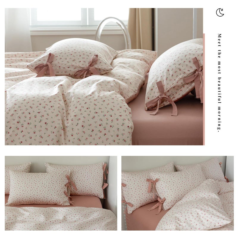 Aojim Pink Floral Duvet Cover Set For Girls Women  Pure Cotton Soft Bedding Comforter Cover Set 3Pcs For Room Decor  1 Exquisite Quilt Cover Twin Size And 2 Pillowcases With Bowknot  No Comforter - Image 3