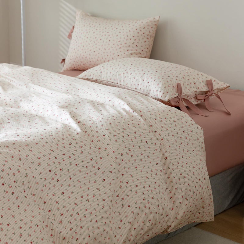 Aojim Pink Floral Duvet Cover Set For Girls Women  Pure Cotton Soft Bedding Comforter Cover Set 3Pcs For Room Decor  1 Exquisite Quilt Cover Twin Size And 2 Pillowcases With Bowknot  No Comforter - Image 2