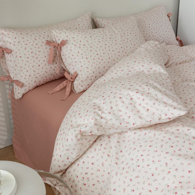 Aojim Pink Floral Duvet Cover Set For Girls Women  Pure Cotton Soft Bedding Comforter Cover Set 3Pcs For Room Decor  1 Exquisite Quilt Cover Twin Size And 2 Pillowcases With Bowknot  No Comforter - Image 5