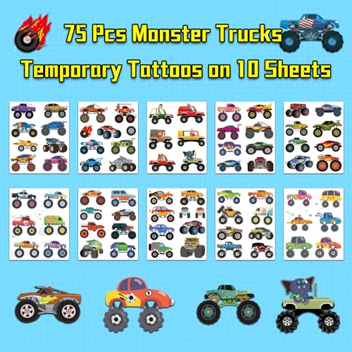 Ozepao Monster Trucks Temporary Tattoo for Kids, 10 Sheets Monster Truck Fake Tattoos for Boys Party Favors, Goodie Bags Stuffers, Brithday Supplies Decorations - Image 2