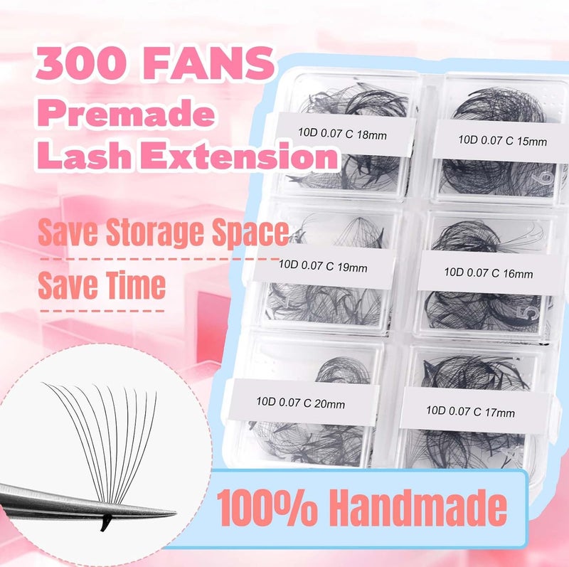 FADLASH Premade Fans Eyelash Extensions 300pcs 10D Premade Lash Fans C Curl Pre Made Fans Lash Extensions Volume Eyelash Extensions Premade Eyelash Fans Loose Fans (10D-0.07C-15-20mm) Foldable - Image 3