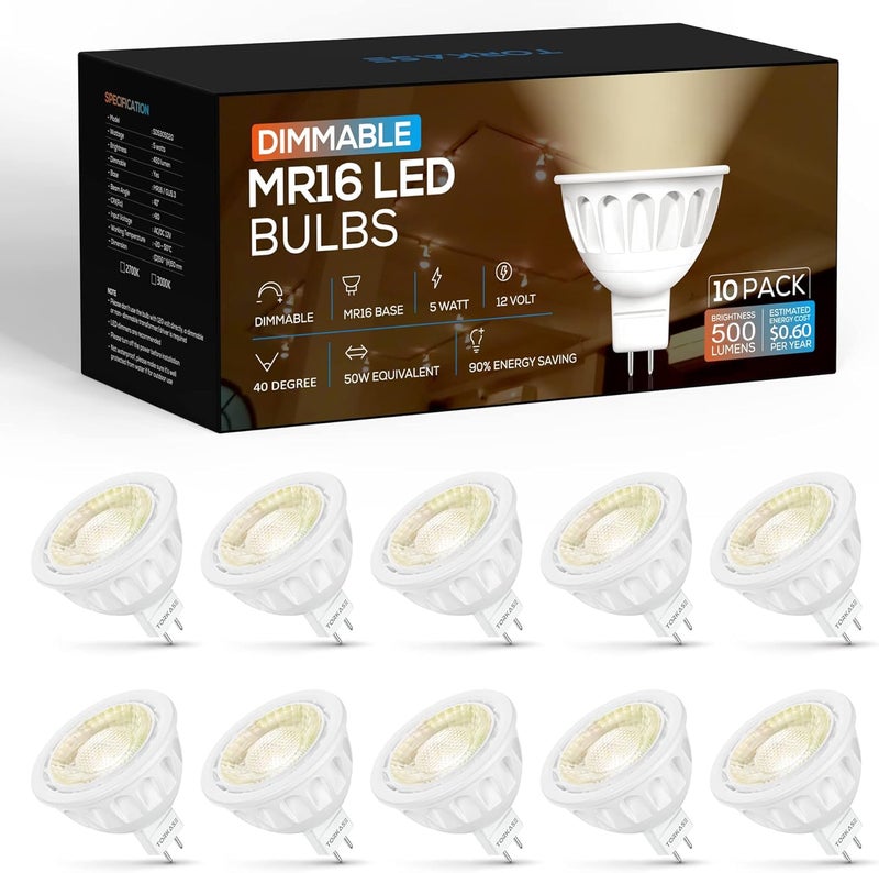 Torkase مصابيح LED MR16 قابلة للتعتيم من Torkase (مدرجة من UL)، 2700K أبيض ناعم، 5W-50W مكافئ، قاعدة بي-بين GU5.3، جهد منخفض 12V، زاوية شعاع ضيقة 40 درجة، إضاءة دافئة داخلية/خارجية، 10 قطع - Image 1