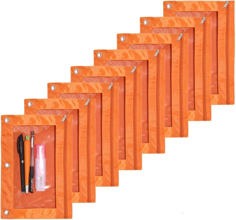SdeFe Store Zippered Pen Pencil Binder Pouch 3 Rings with Clear Window for School Classroom Organizers 8 Pcs (Orange) - Image 1