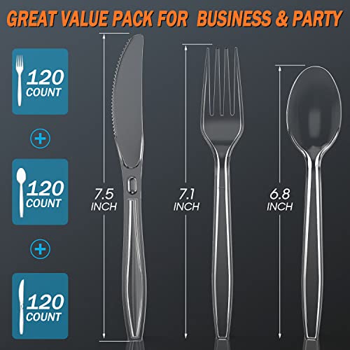 Dipoo 360 Count Plastic Silver Ware Heavy Duty, 120 Forks, 120 Spoons, 120 Knives, Heat Resistant & BPA Free Disposable SilverWare, Disposable Cutlery set, Premium Clear Utencils for Party Supply - Image 2