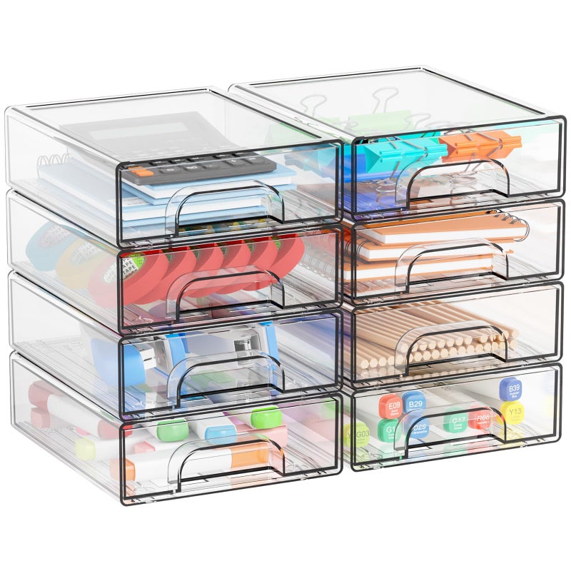 Yieach 2.2'' Tall Acrylic Clear Stackable Storage Drawer Organizer,8 Pack Desk Organization and Storage,Plastic Office Supply Organizer,Drawer Storage Organizer for Makeup,Accessory,Pen,Art Crafts - Image 1