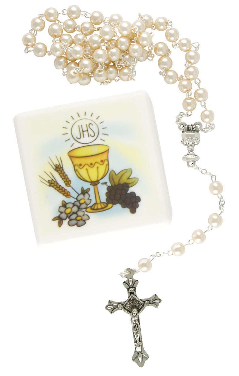 MaMeMi Communion ROSARY 18.5 Inch with IHS CHALICE Design STORAGE BOX – Catholic PRAYER Beads for FIRST COMMUNION, Baptism, or Religious Keepsake - Image 2