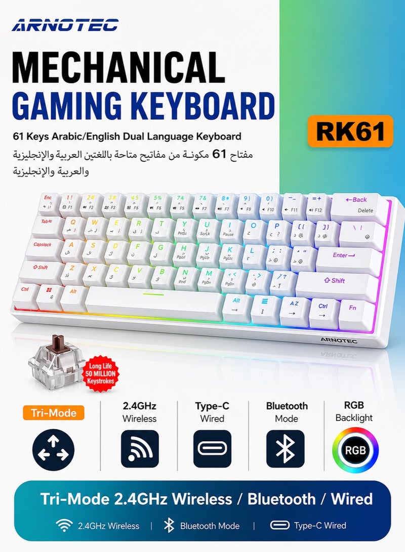 ARNOTEC RK61 ثلاثة أوضاع 2.4 جيجا هرتز لاسلكية / بلوتوث / سلكية 60٪ لوحة مفاتيح ميكانيكية، 61 مفتاحًا RGB Brown Switch لوحة مفاتيح الألعاب مع برنامج Win / Mac - Image 1