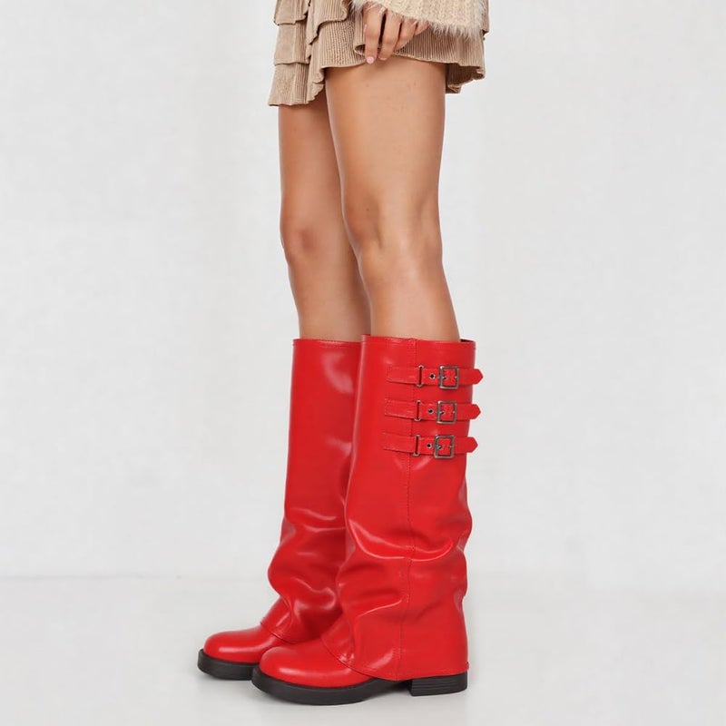 EQAUDES Low Heel Fold Over Knee High Slouch Boots for Women Fall Pull On Red Tall Boot - Chunky, Square Toe, Trendy Buckle, Motorcycle, Shark Boots - Image 4