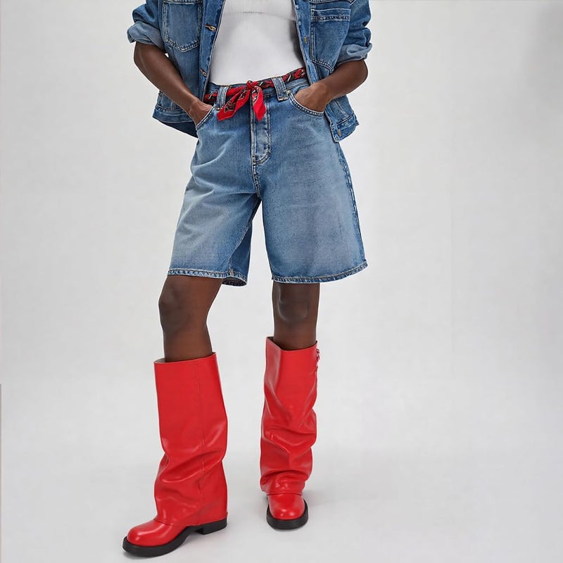 EQAUDES Low Heel Fold Over Knee High Slouch Boots for Women Fall Pull On Red Tall Boot - Chunky, Square Toe, Trendy Buckle, Motorcycle, Shark Boots - Image 3