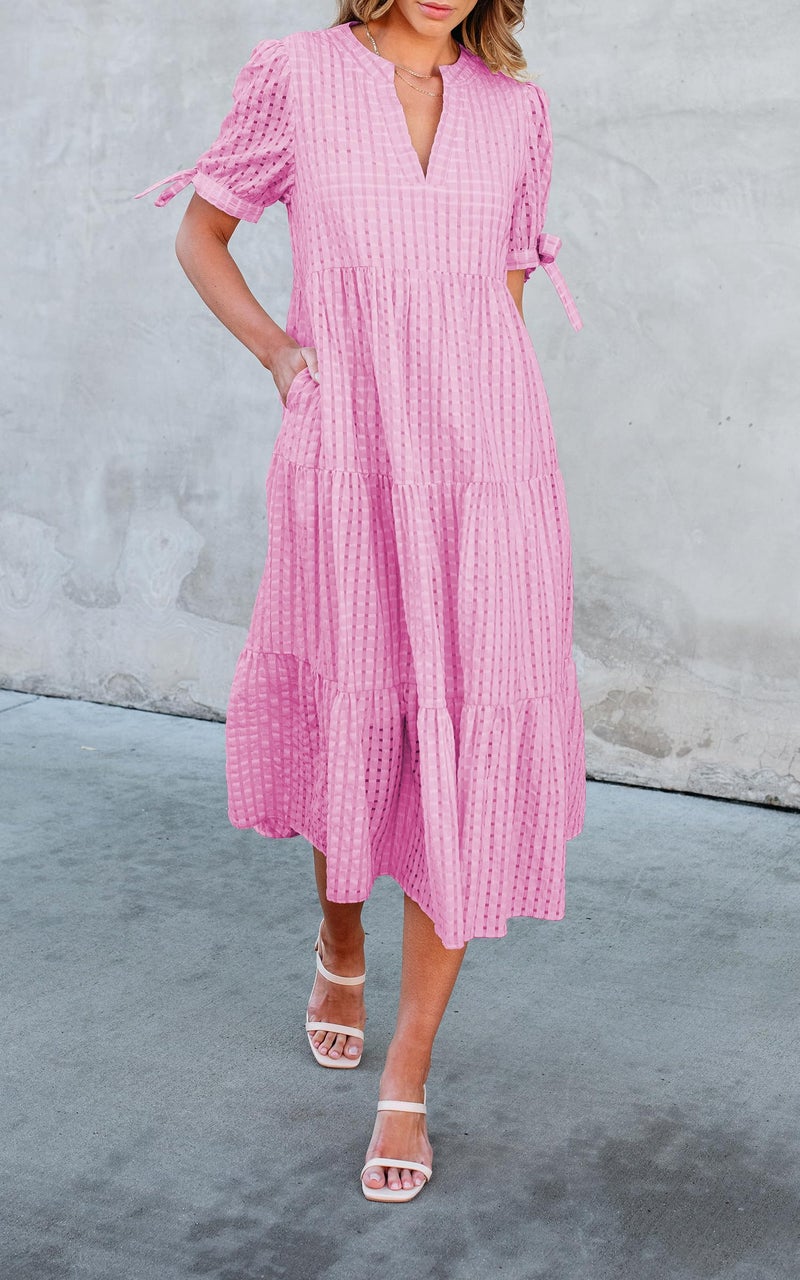 ECOWISH Women Summer Casual Dress - V Neck Short Sleeve Gingham Midi Pleated Tiered Loose Fit Holiday Picnic Dresses Rose Pink X-Large - Image 5