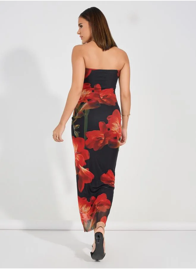 Styli Floral Print Bandeau Bodycon Maxi Dress