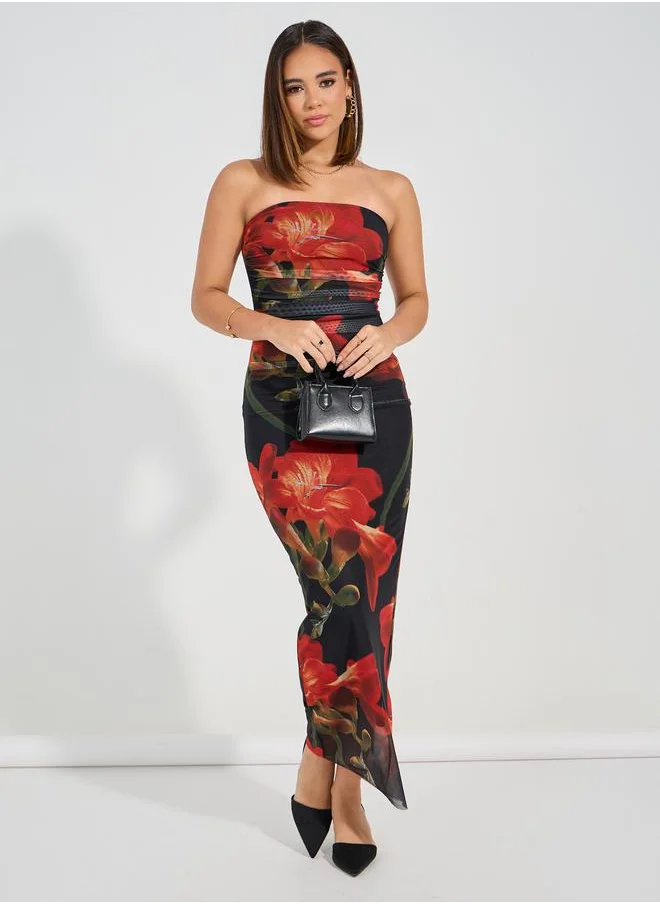 Styli Floral Print Bandeau Bodycon Maxi Dress