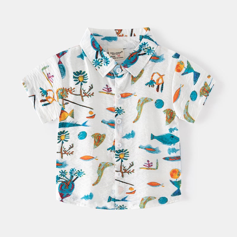 Outdoor Travel Vacation Boys Trendy Abstract Style Shirt Casual Style Boys Seaside Summer Lapel Short Sleeve - Image 5