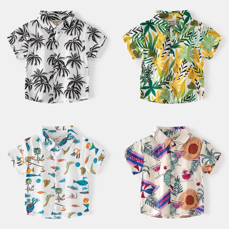 Outdoor Travel Vacation Boys Trendy Abstract Style Shirt Casual Style Boys Seaside Summer Lapel Short Sleeve - Image 2