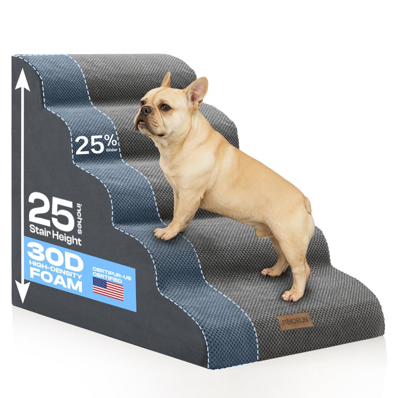 Miorun Extra Wide Dog Stairs for Large Dogs Up to 80lbs, 25" Pet Steps for High Bed with Washable Cover, 5-Step Foam Bed & Couch Ladder for Small Medium Dogs & Senior Cat, Gray - Image 1