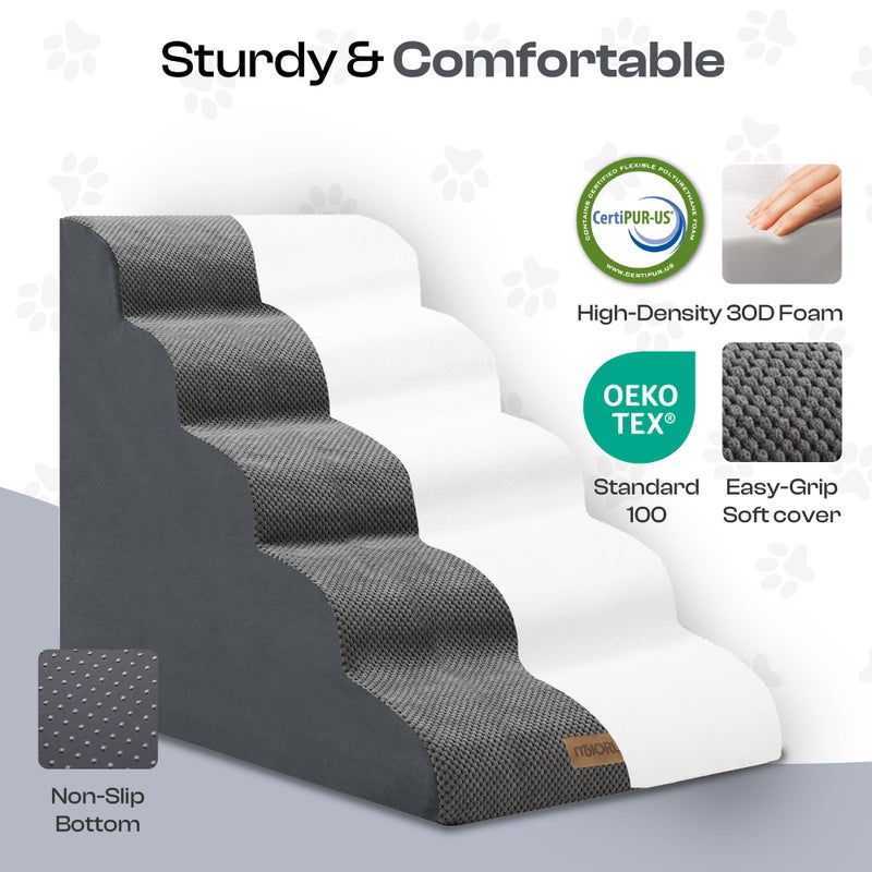 Miorun Extra Wide Dog Stairs for Large Dogs Up to 80lbs, 25" Pet Steps for High Bed with Washable Cover, 5-Step Foam Bed & Couch Ladder for Small Medium Dogs & Senior Cat, Gray - Image 3