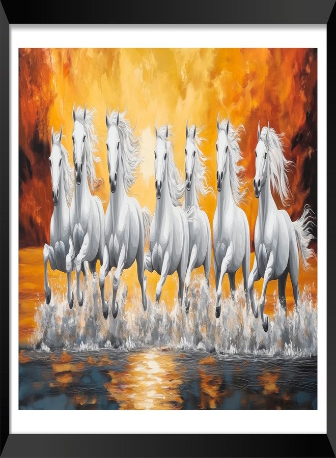 Canvas Pe لوحة قماشية عليها صورة سبعة خيول تجري، بإطار صور فاستو، عند شروق الشمس على الماء، مقاس 14 × 26 بوصة، عمل فني مغلف بطبقة واقية مقاومة للماء. - Image 1