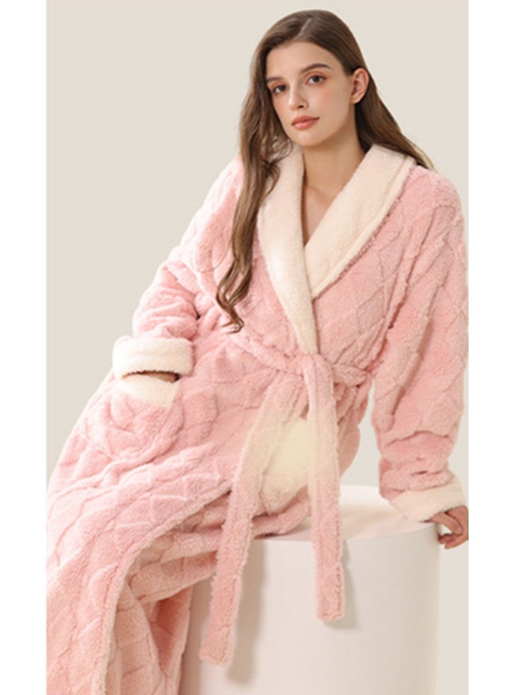 إسكدنيا المرأة طويلة سميكة لابل فستان ليلي جاكارد مخملية رداء حمام بيجاما مع الحزام الوردي - Image 2