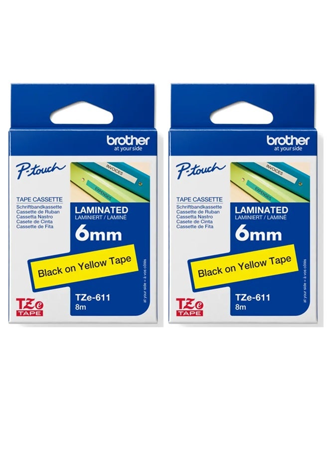بروذر Brother 6mm Black Text On Yellow Tape Genuine - 8 metres (TZe-611) (2-pack) - Image 1