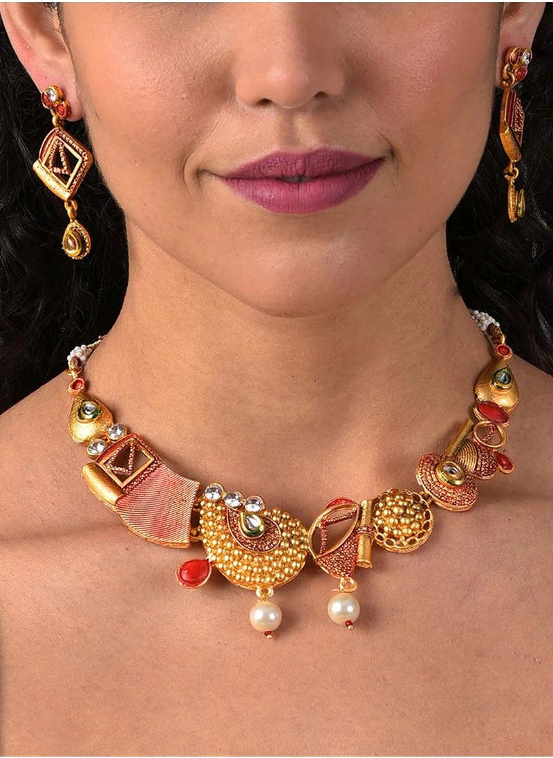 SOHI White Stone-Studded & Pearl Beaded Jewellery Set