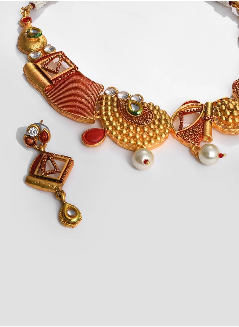 SOHI White Stone-Studded & Pearl Beaded Jewellery Set