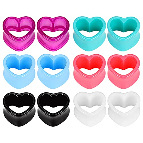 Qmcandy 6 Pairs Acrylic Heart Shape Ear Tunnels Plugs Colorful Gauges for Ears 0g - Image 1