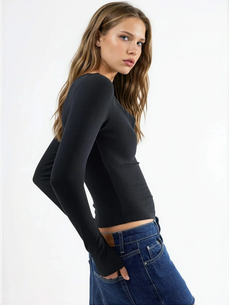 Busem BUSEM Button Collar Long Sleeve Elastic Blouse