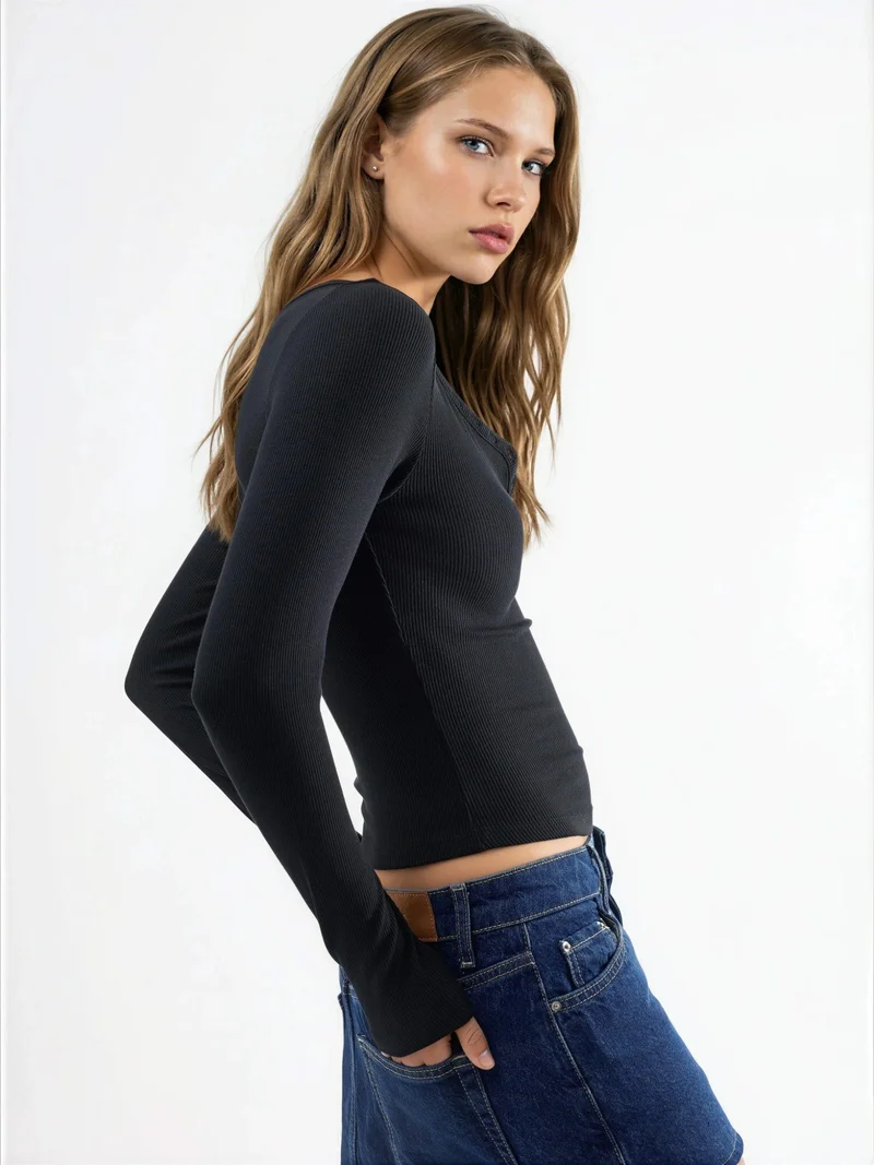 بوسيم BUSEM Button Collar Long Sleeve Elastic Blouse