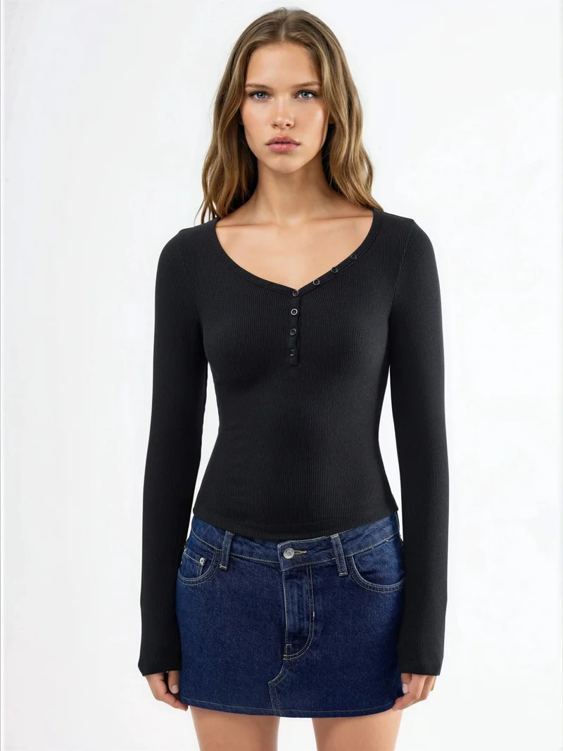 Busem BUSEM Button Collar Long Sleeve Elastic Blouse