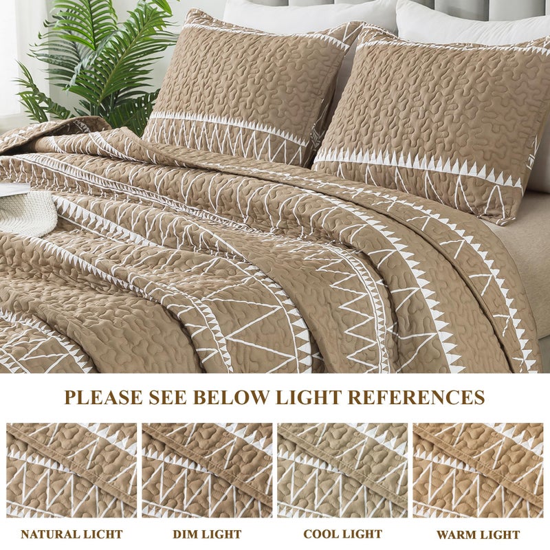 Andency Taupe California King Quilt Set, 3 Pieces Boho Lightweight Soft Striped Cal King Bedspread for All Season (112"x104"), Printed Bohemian Microfiber Reversible Coverlet Comforter Sets - Image 3