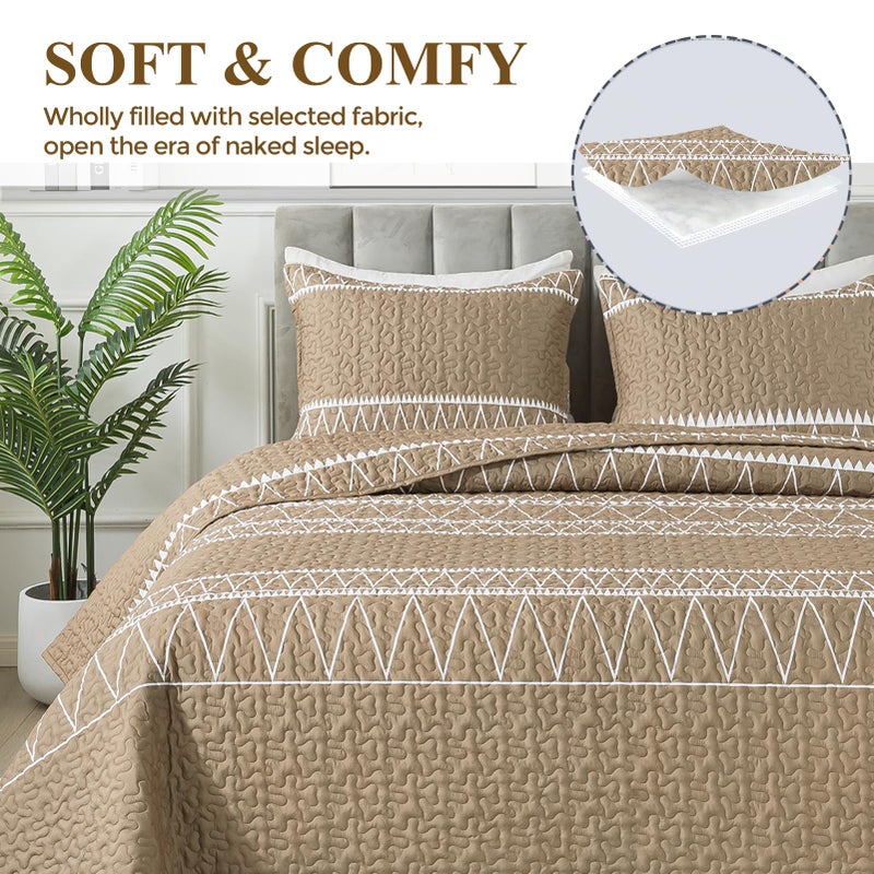 Andency Taupe California King Quilt Set, 3 Pieces Boho Lightweight Soft Striped Cal King Bedspread for All Season (112"x104"), Printed Bohemian Microfiber Reversible Coverlet Comforter Sets - Image 4