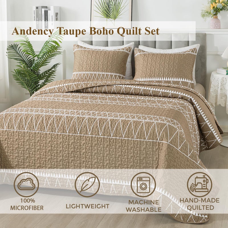 Andency Taupe California King Quilt Set, 3 Pieces Boho Lightweight Soft Striped Cal King Bedspread for All Season (112"x104"), Printed Bohemian Microfiber Reversible Coverlet Comforter Sets - Image 2