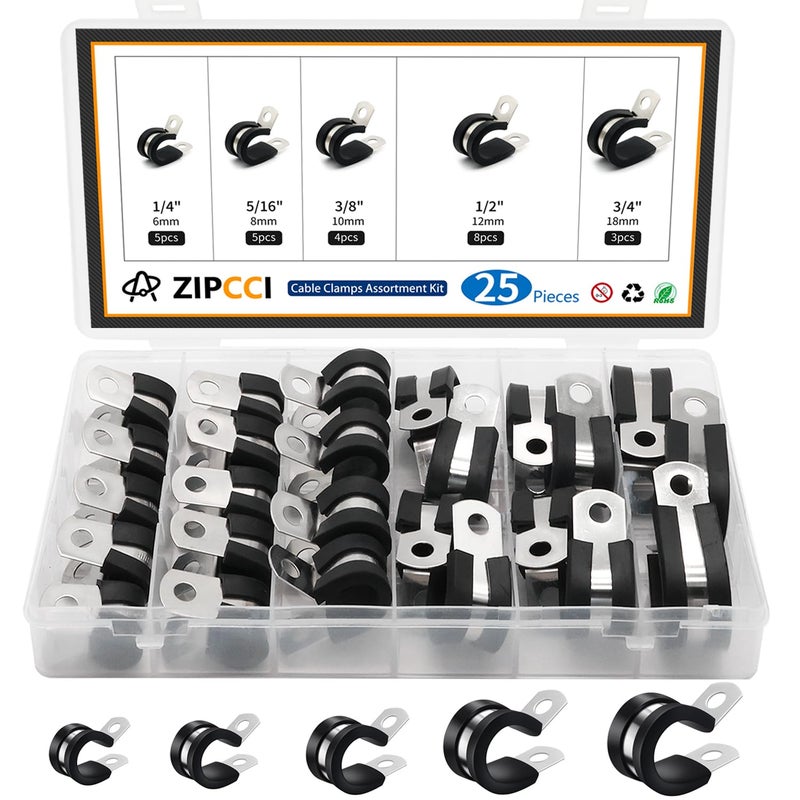 ZIPCCI Cable Clamps Assortment Kit, 25 Pack Stainless Steel Rubber Cushion Pipe Clips (1/4'' 5/16'' 3/8'' 1/2'' 5/8'' 3/4'' inch) - Image 1